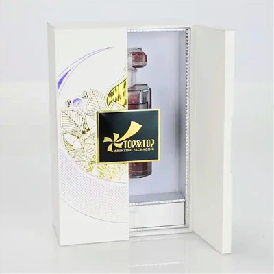 Entwerfen Sie ein individuelles Logo aus starrem Papier, weißer Pappe, buchförmige Parfüm-Geschenkbox mit doppelter offener Tür und Schubladenbox